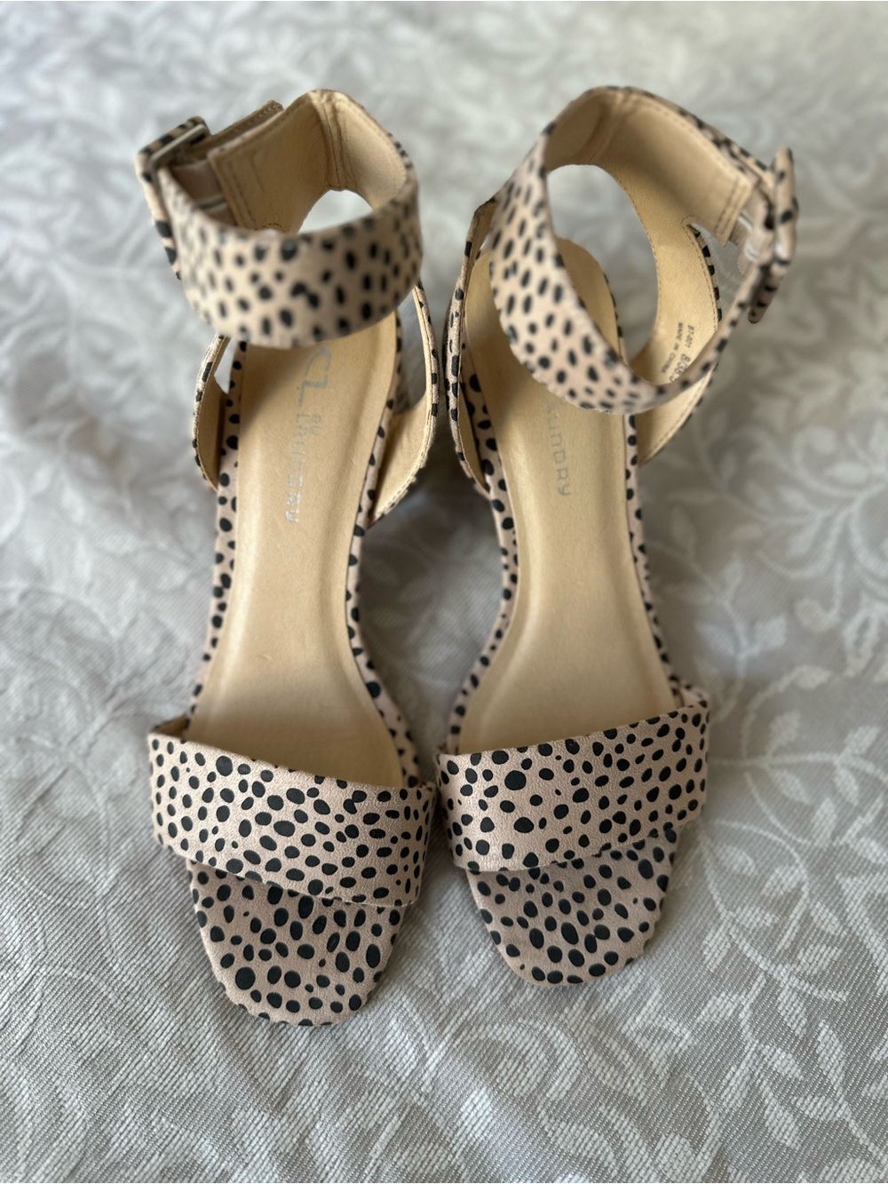 CL by Laundry Beige and Black Spotted Ankle-Strap Heels